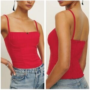 Reformation‎ Emery Linen Red Ruched Smocked Bustier Corset Top Size 12 Large